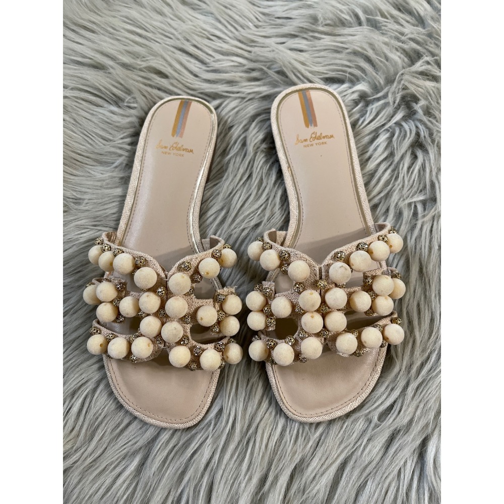 Sam Edelman Bay 19 Pom Pom Embellished Slide Sandals Beige Tan Womens 7.5M
